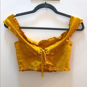 Mustard Yellow Tie Front off the Shoulder Crop Top